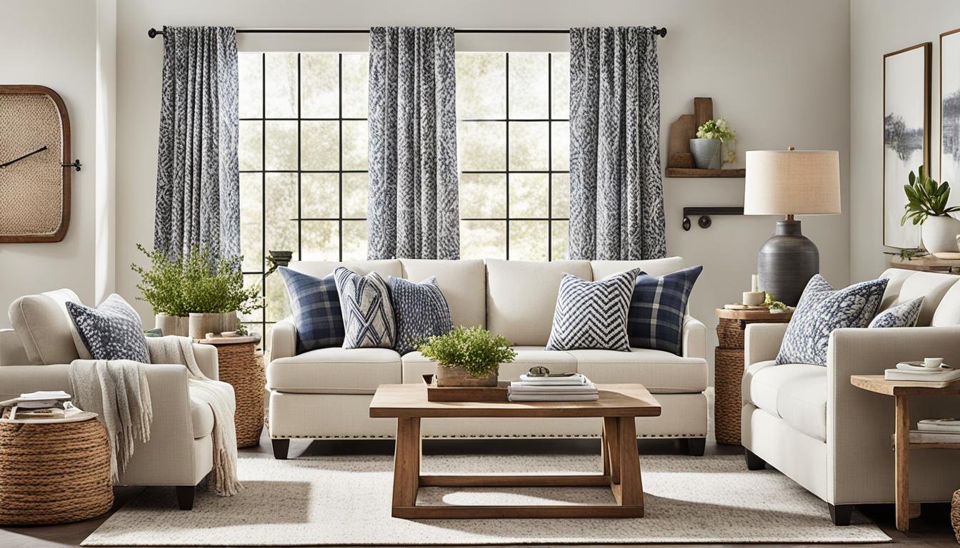 modern farmhouse decor with mixed textiles and artwork